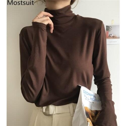 Turtleneck Solid Basic Women Pullover Tshirt 2020 Autumn Long Sleeve Slim Fashion Ladies Tops