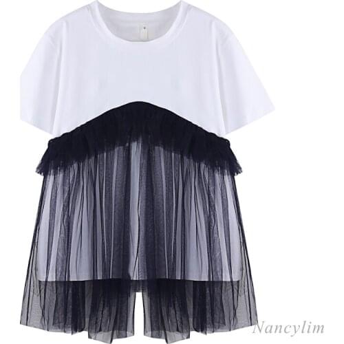 Mesh Stitching Pure Cotton Tied Short Sleeve T-shirt Womens 2021 Summer Korean Style Loose Tops Camisetas De Mujer