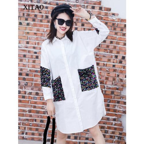 XITAO Sequins Patchwork Casual Shirt Women Fashion New Style Turn Down Collar Single Breasted Side Split Personality ZY3779