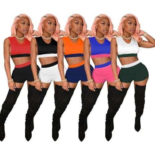 Sleeveless Cut out Two Pieces Short Sets for Summer Sexy Club Outfits Women V Neck Crop Top and Mini Shorts 2021 Fashion Suits