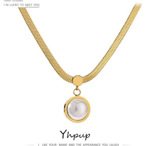 Yhpup Korean Imitation Pearls Pendant Necklace Gold Stainless Steel Collar Fashion Necklace 18 K Women Jewelry bijoux ete 2021