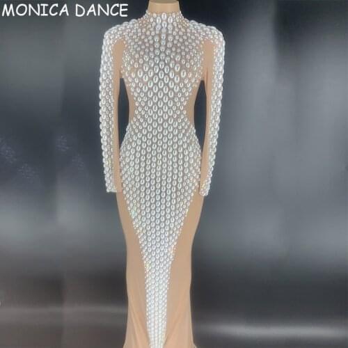 Sexy Nightclub New Big Pearls Stone Transparent Dress Women Party Dress Bar Dance Outfit Birthday Celebrate Luxurious Long Dress
