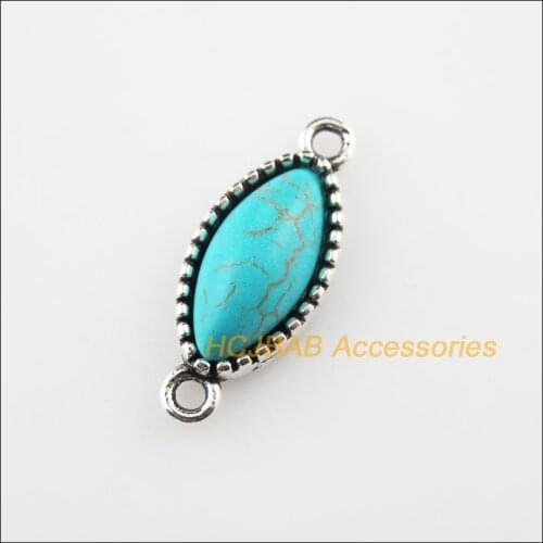 12Pcs Tibetan Silver Color Blue Stone Oval Eye Charms Connectors 10x24mm