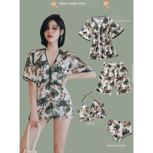 2020 Floral Print Couple Swimsuit Women Sexy 3 Piece Bikini Set Short Sleeve Swimwear Beach Wear Men Swimming Trunks and Top