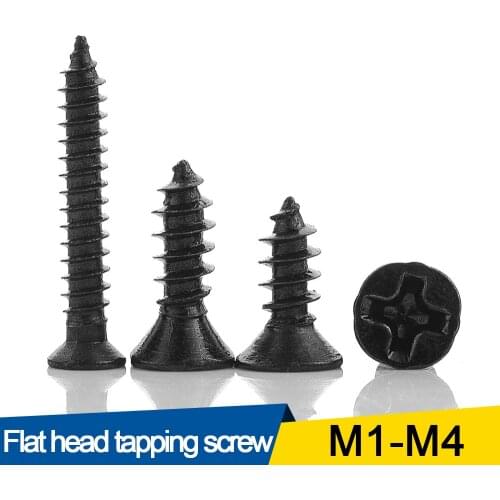 50/100pcs Cross Countersunk Flat Head Self-tapping Screw M1 M1.2 M1.4 M1.5 M2 M2.6 M3 M3.5 M4 Black Carbon Steel Phillips Screw