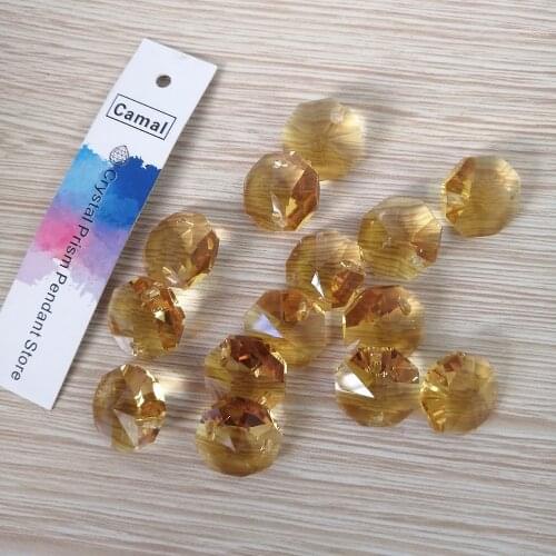 Camal 20pcs Gold Yellow 14mm Crystal Octagonal Loose Bead Two Holes Prisms Chandelier Lamp Parts Wedding Centerpiece Hanging