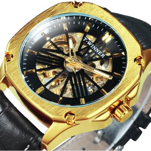 WINNER Automatic Watches Men Skeleton Mechanical Watch For Man Luxury Brand Design Black Leather Strap Golden Wrist Watches
