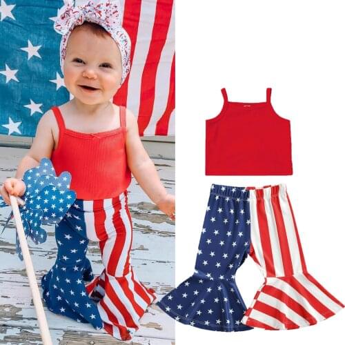 Independence Day Kids Girls Clothes Sets Solid Sleeveless Strap Tank Top + Star & Stripe Print Flared Pants Summer