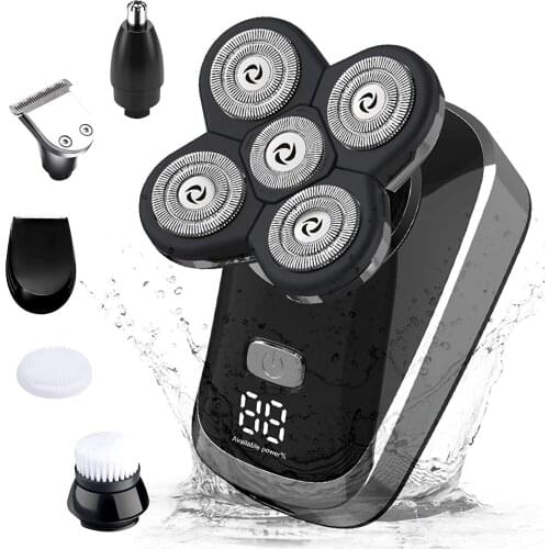 Electric Bald Razor for Men 6 in 1 Head Rotary Shaver Grooming Kit with Beard Clipper Nose Trimmer Facial Brush Wet Dry