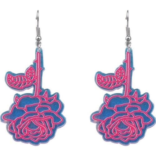Geometric Big Laser Colorful Rose Flower Acrylic Drop Earrings for Women Girls Long Dangle Earrings Fashion Jewelry Party Gifts