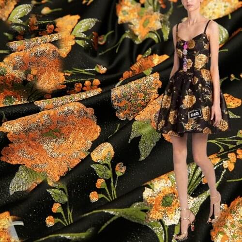 HLQON new arrival gold line yarn dyed brocade jacquard orange fabric for dress women clothing tissue patchwork by 50x145cm