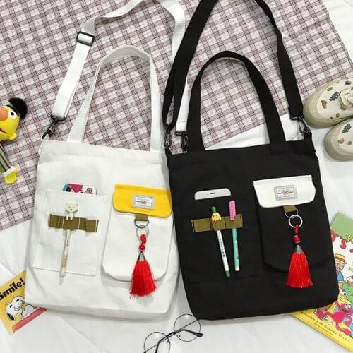 PURFAY Canvas Capacity Women Shoulder Bag Cotton Tote Shopper Bag Tassels Eco Reusable Shopping Bag Handbag Cloth Messenger Bag