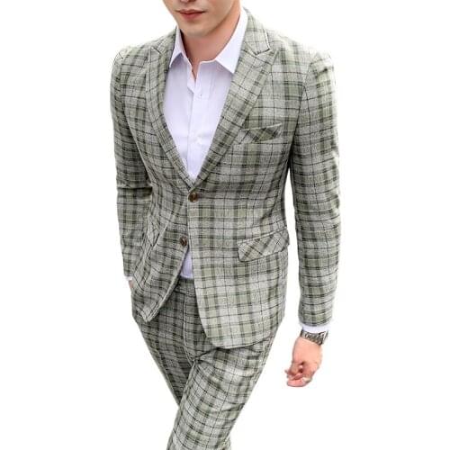 Formal Suits Men Office Work Business Meeting Printing Wedding Plaid Suits Two Pieces (Blazers+Pants) Bigger Size 5XL Two-Button