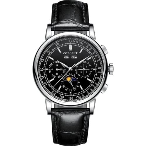 Corgeut 42mm mens Automatic watch Black Dial steel case moon phase calendar Multifunction leather strap mechanical Male watch