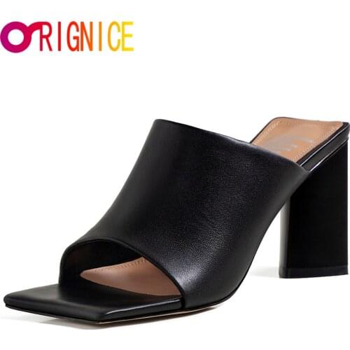 Orignice New Summer Women Sandals Square Toe Ladies High Heels Mules Sexy Slippers Female Genuine Leather Fashion Shoes White