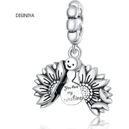 Authentic 925 Sterling Silver Sunflower with Smiling Face Beads for Making Silver Charm Fit Original Bracelet SCC291661
