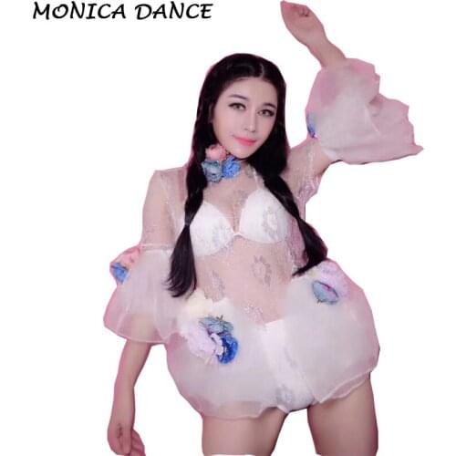 Sexy Flowers Mesh Outfit Bra Short Appliques Bodysuit Nightclub Female Singer Show Dance Costumes Womens Birthday Party Outfit