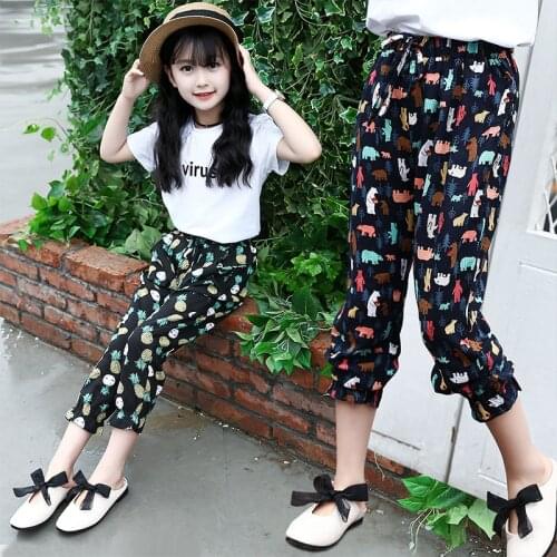 Pants for Girls Summer Print Thin Trousers Kids Cool Clothing Children Bottoms Girls Floral All-match Anti-mosquito Pants