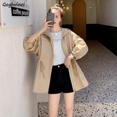 Trench Coats Women Solid Hooded Casual Windbreakers Spring Casual Loose Defined Waist Korean Style All-match Womens Jackets Chic