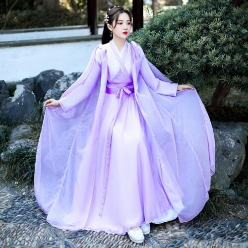 XinHuaEase Ancient Costume Female Improved Hanfu Fairy Elegant Style Wide Sleeve Dance Performance Cross Neck Waist Length Skirt