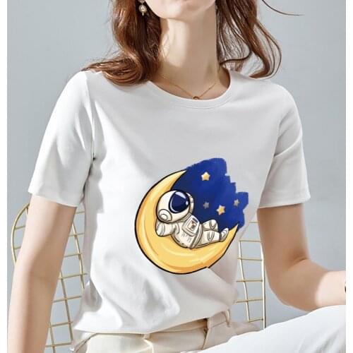 Summer Womens T-shirt Breathable White Anime Fantasy Astronaut Printed Pattern Casual Lady Cute O-Neck Simple Shirt Top T-shirt