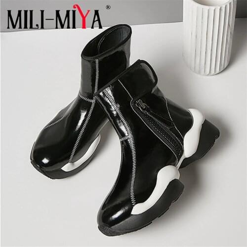 MILI-MIYA Fashion Women Cow Leather Ankle Boots Solid Color Zipper&Hook Loop Round Toe Comfortable Street Shoes Plus Size 34-42