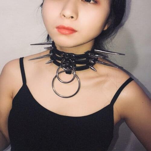 Women Long rivets Fashion Sexy handmade Leather choker belt Punk Goth Collar Harajuku Necklace Round club party Torques