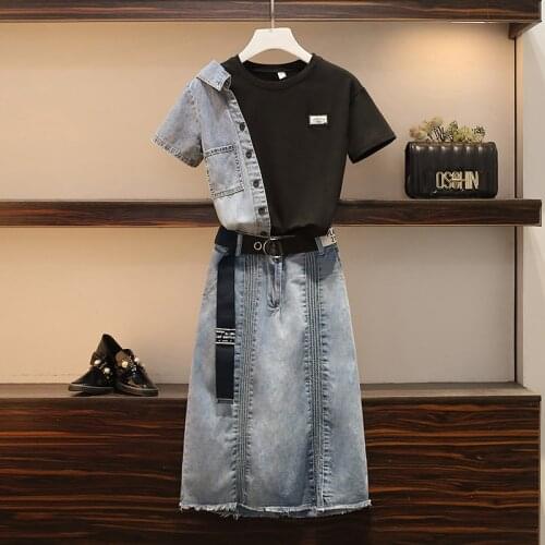 Fashion Denim patchwork T shirt + Denim belt Skirt Summer 2 Pieces Sets Women Casual Short Sleeve Tops And personality Skirts