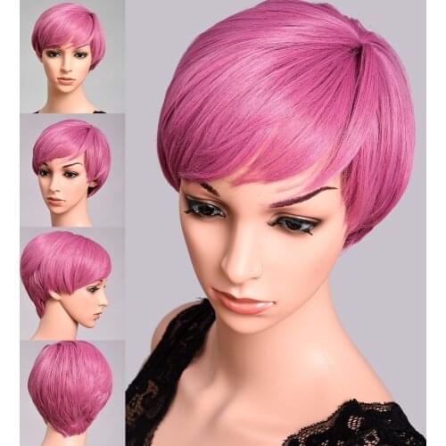 DinDong Pink Bob Wig with Bangs Short Pixie Cut Wigs Heat Resistant Synthetic Cosplay Party Wig Blue Blonde Green