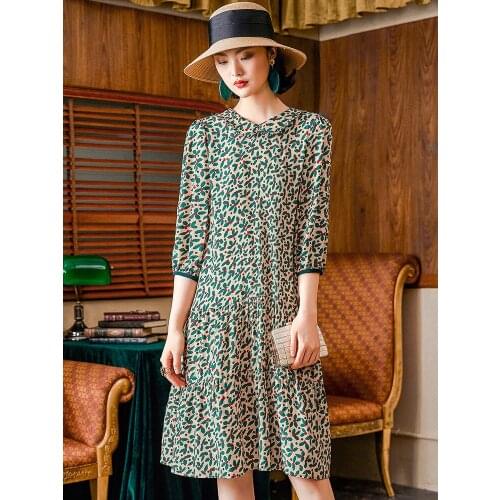 Real Silk Plus 200% Size Floral Summer Dress Green Midi Elegant Ladies Dresses Casual Peter Pan Collar Vestidos Pph422