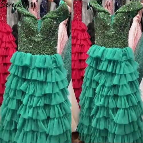 Serene Hill Green A-Line Luxury Beaded Tiered Evening Gown 2021 Sexy Off Shoulder For Women Formal Party Dress CLA71175
