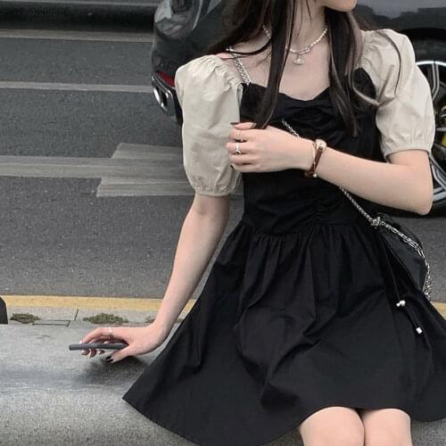 2021 New Style Dress Summer Temperament First Love Bellflower Skirt Square Neck Slim Fashion Slim Trend Waist Puff Sleeves