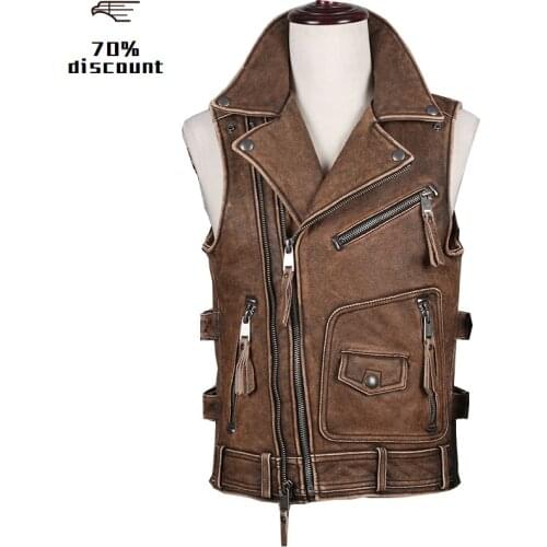 2020 Vintage Brown Men Bikers Leather Vest Large Size 5XL Genuine Thick Cowhide Autumn Slim Fit Short Motorcycle Leather Vest