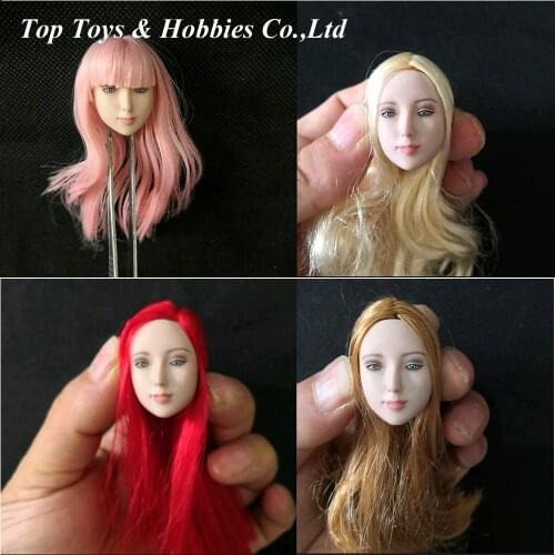1/6 Asia cute Girl Smile Cute Female Head Carving Round Pale Face Pink golden red Hair Student head Fit 12" Female body