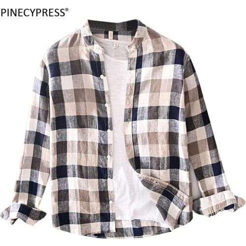 100% Linen Cool Breathable Anti-static Quality Man Casual Shirt Summer Beach Sun-proof Male Fashion Plaid Long Sleeve Men Shirts