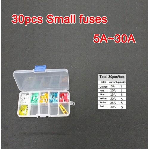 30pc/set Assorted Small Blade Fuse 5A 10A 15A 20A 25A 30A Auto Car Truck Motorcycle FUSES Box Kit ATC ATO ATM