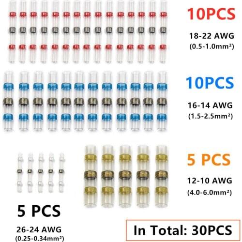 30PCS Mixed Waterproof Solder Seal Sleeve Splice Terminals Heat Shrink Electrical Wire Connector Butt Connectors Kit Assortment