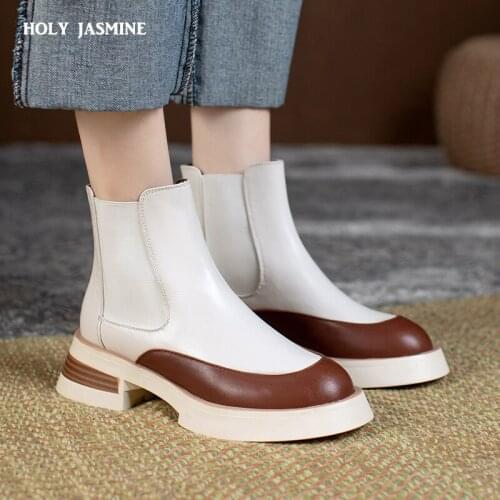 2022 Hot Sale Fashion Genuine Leather Shoes Women Chelsea Boots Stretch Slip on Comfortable Mid Heels Platform Ankle Boots Women