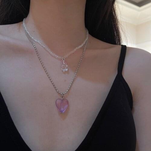 2021 New Kpop Trend Double layer Resin Bear Pearl Beaded Metal Chain Love Heart Necklace for Women Girls Aesthetic Jewelry