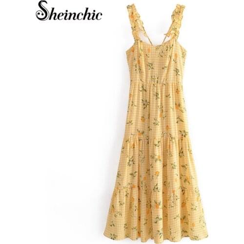 Vacation Bohemian Yellow Floral Printed Beach Dress 2021 Summer Sexy Spaghetti Strap Backless Chiffon Maxi Dress Robe Longue