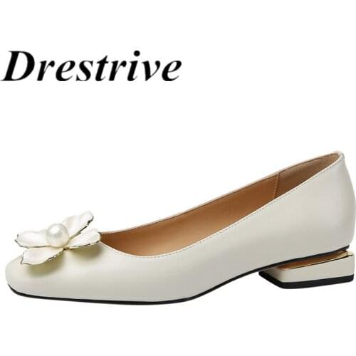 Drestrive Full Genuine Leather Women Pumps Square Toe Flower Big Size 43 Shallow Khaki Low Heels Beige Flats 2021 Summer
