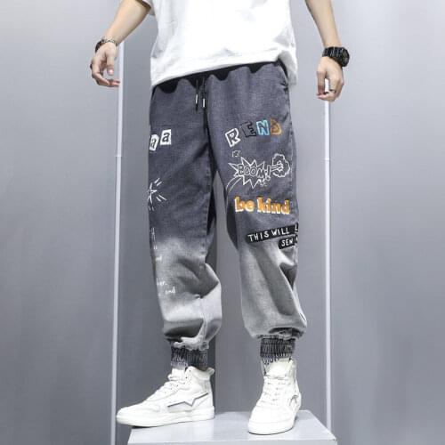 Fashion Mens Loose Fit Hip Hop Printed Vintage Washed Denim Pants Joggers Streetwear Ankle Cuffed Jeans Trousers For Male