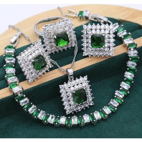 Classic Green White Topaz Silver Jewelry Set for Women Bracelet Earrings Necklace Ring Wedding Christmas Free Gift Box