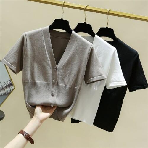 V-Neck Short Cardigan Women Short Sleeve Woman Sweater New 2021 Button Thin Summer Knitted Korean Fashion Clothes Sweater Femme