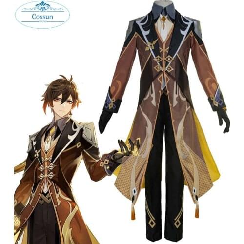 COSSUN Game Genshin Impact Zhongli Cosplay Costume For Boy Male Christmas Men Fancy Uniforms Top Pants Gloves Set Halloween