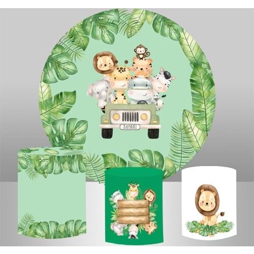 Tropical jungle animals Round circle background baby shower birthday mini cake table party decor fabric 3 cylinder plinth cover