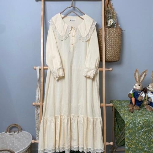 Japan Style Mori Girl Cotton Dress 2021 New Spring Summer Solid Color Lace Peter Pan Collar Long Sleeve Dresses