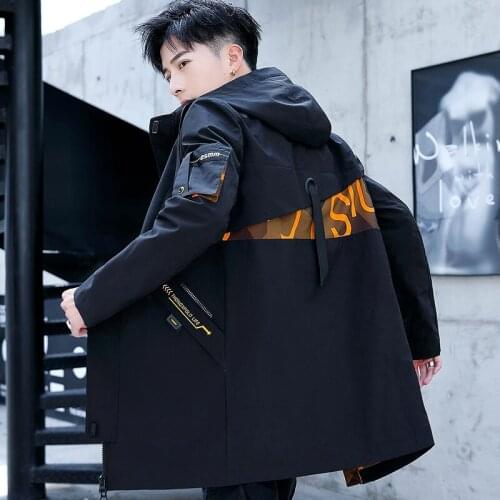 Mens Autumn Casual Mid-Length Hooded Jackets Korean Streetwear Long Coats Spring Windbreaker Youth Trench Outwear Tops Clothing