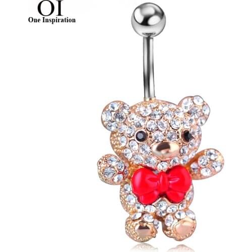 OI Red Bow Tie Little Bear Belly Button Rings Body Piercing Jewelry Girls 316L Surgical Steel Piercing 14G 1.6mm Bar