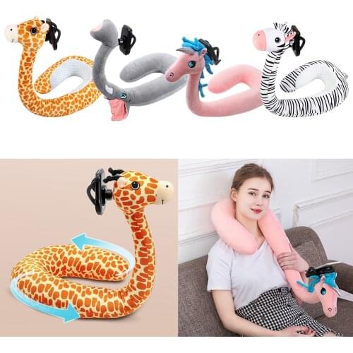 2 In 1 Hands Free Neck Pillow U Shaped Animal Pattern Phone Holder Soft Travel Cotton Flexible Neck Pillow Lazy Phone Holder